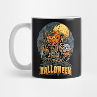 halloween scarecrow skull head pumpkins artwork Mug